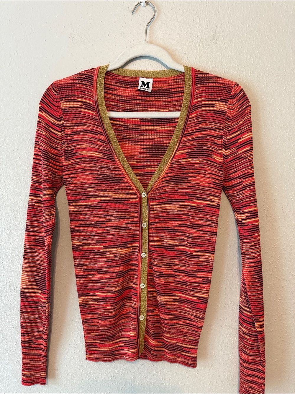 M by Missoni Red Multicolor Space-Dye Knit V-Neck Cardigan with Gold Trim